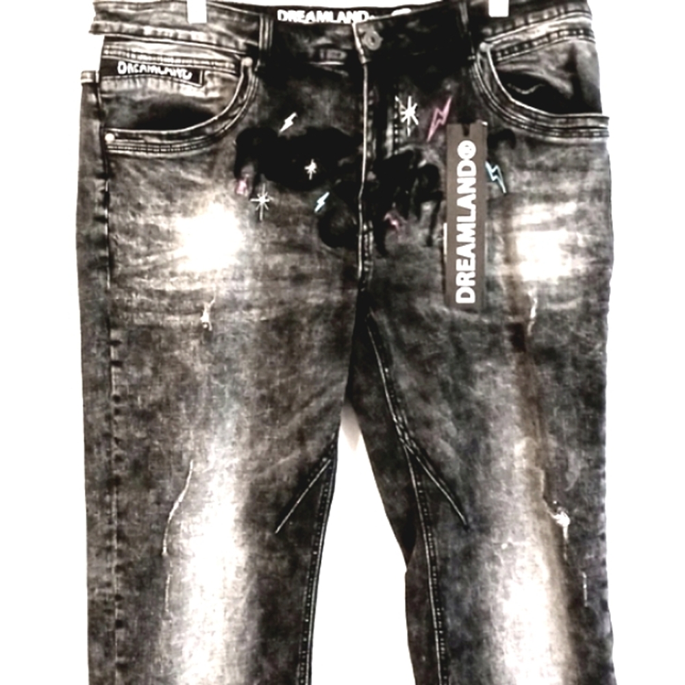 Dreamland Black Distressed Jeans with Embroidery & Graphics Size 36 x 32  (NWT)